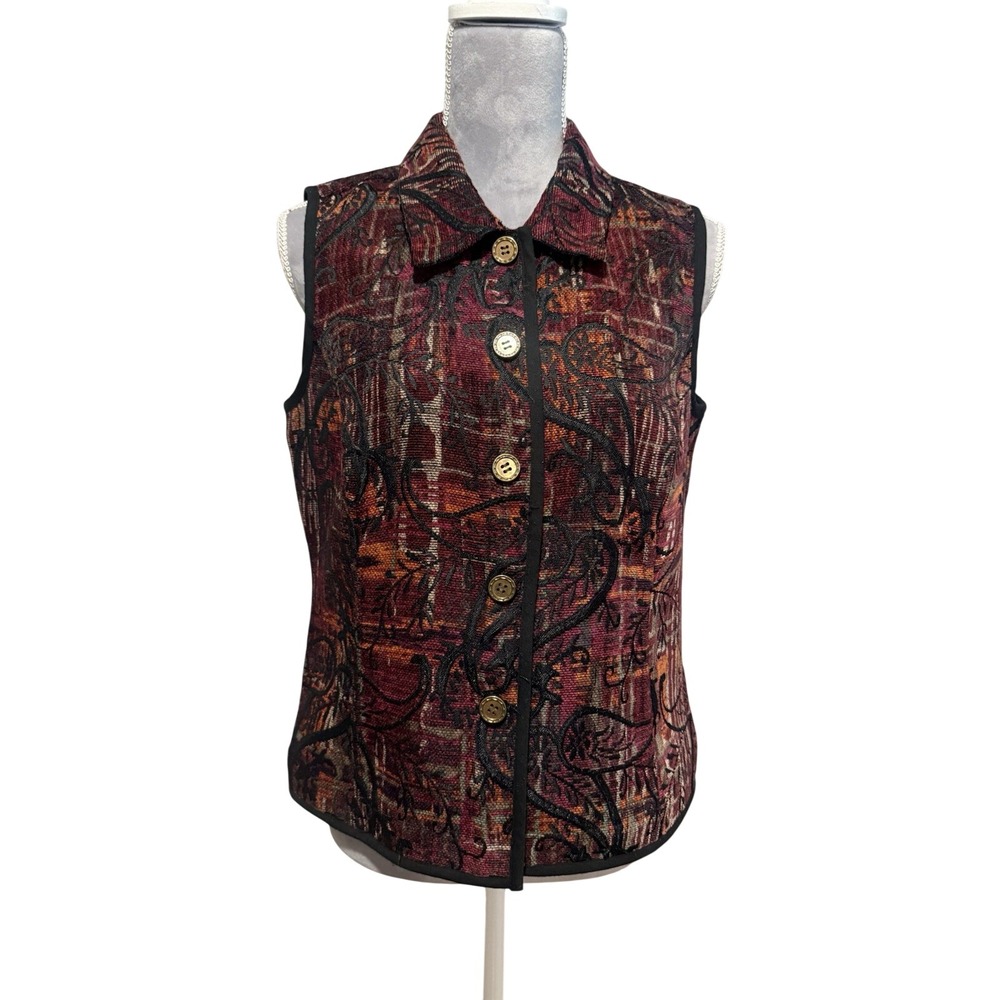 Women's 90s Y2K Ren Fair Festival Tapestry Burgundy Black Vest Whimsigoth MED‎